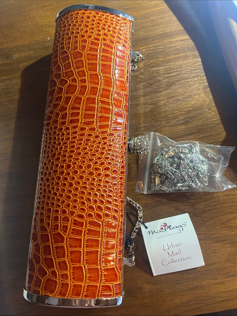 MadBags Orange Croc-Embossed Cylinder Clutch